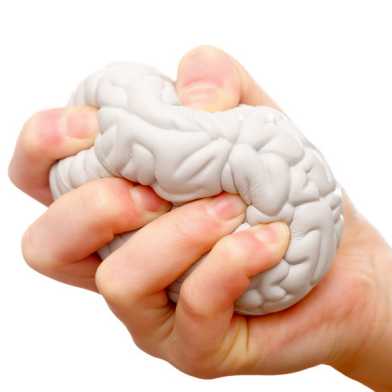 Hand squeazes brain-shaped stress ball