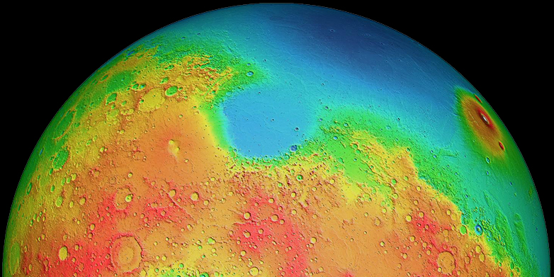 Mars has two differently shaped hemispheres: the lowlands of the northern hemisphere and the volcanic highlands (yellow to red regions) of the southern hemisphere. (Credits: MOLA Science Team)