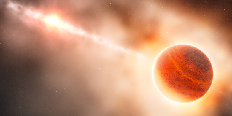 The formation of a giant gas planet (right) near the star HD 100546 (left) is not yet complete, allowing astronomers to observe the process. (Artist’s impression: ESO / L. Calçada)