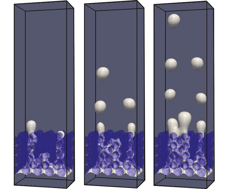 Enlarged view: Simulation of buoyant bubbles in crystal-rich magma (blue layer) and in an crystal-poor melt (top layer). (Visualizations: ETH Zurich / Andrea Parmigiani)