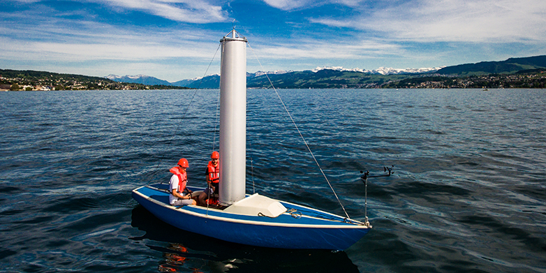 Students have developed an unusual watercraft with a folding rotor sail. (Photograph: D-MAVT / ETH Zurich)