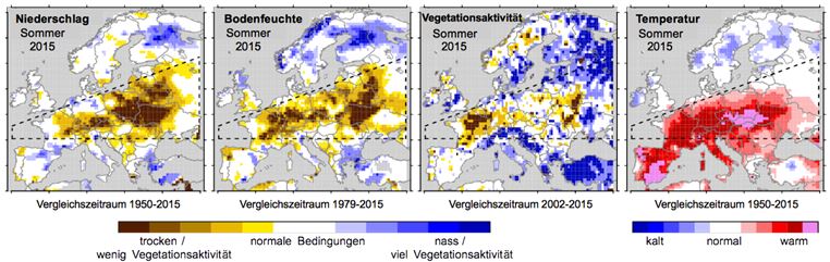 Enlarged view: Wetteranomalien im Sommer 2015 in Europa. 