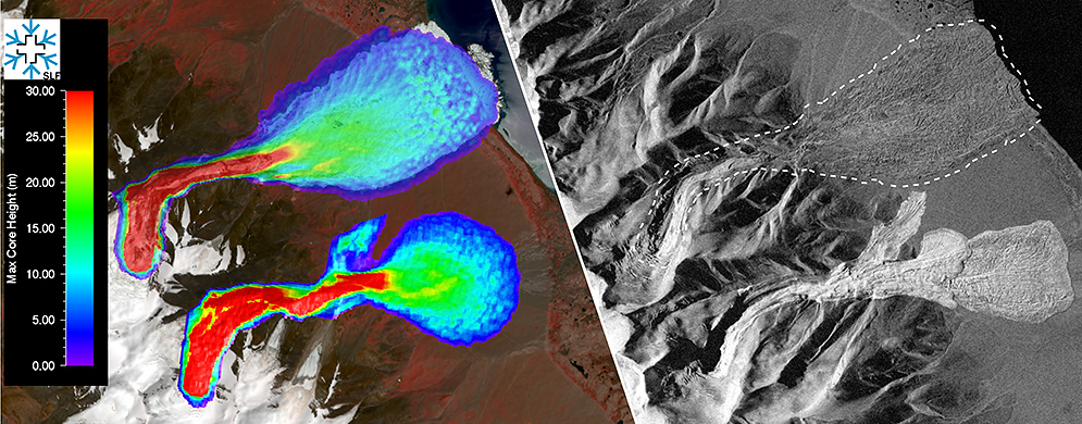 Enlarged view: Simulations of the maximum flow height of the two avalanches.