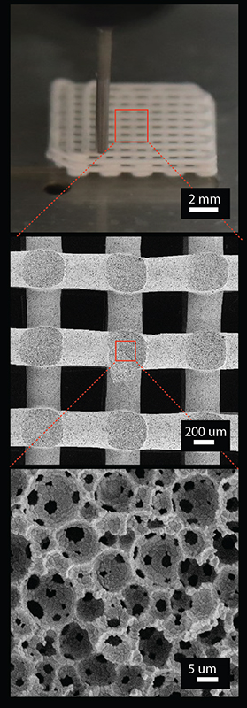 Enlarged view: Each magnification step shows the next smallest order of magnitude (hierarchy) of pores in the 3D-printed ceramic emulsion. (Images: from Minas et al, 2016, Adv. Materials)