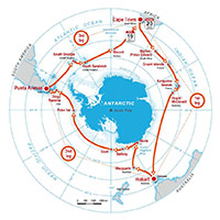 Map of the Antarctic with the expedition route. 