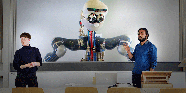 Enlarged view: Lisa Schurrer and Naveen Shamsudhin are part of the robotics and philosophy project. (Collage: Florian Meyer, Josef Kuster / ETH Zurich)
