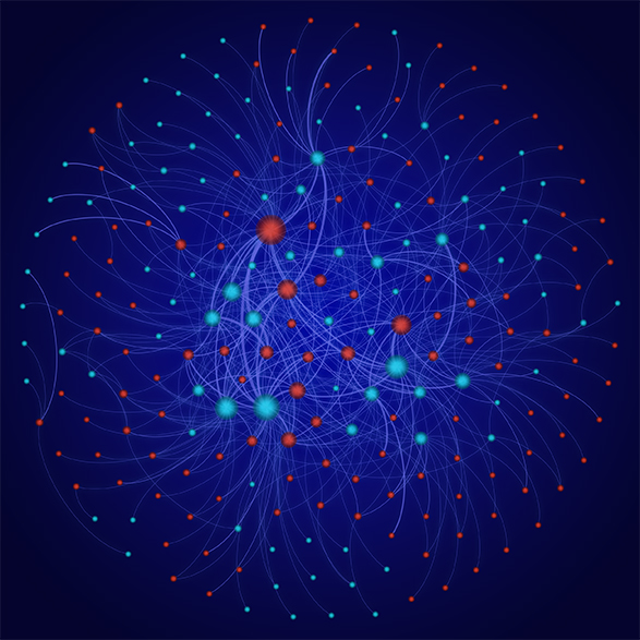 The researchers evaluated the experimental data published in the scientific literature using a network analysis. This analysis reveals which types of nanoparticles (blue) have been studied under which environmental conditions (red). (Visualisations: Thomas Kast)
