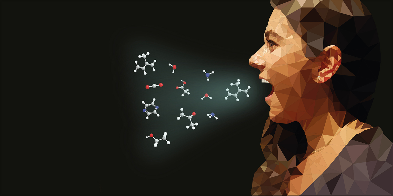 Enlarged view: Sensitive measurement techniques allow over 800 molecules involved in human metabolism to be detected in a person’s exhalations. One of these molecules is acetone. (Visualisations: Güntner et al. J Mater Chem B 2016, 4: 5358. Published by the Royal Society of Chemistry)