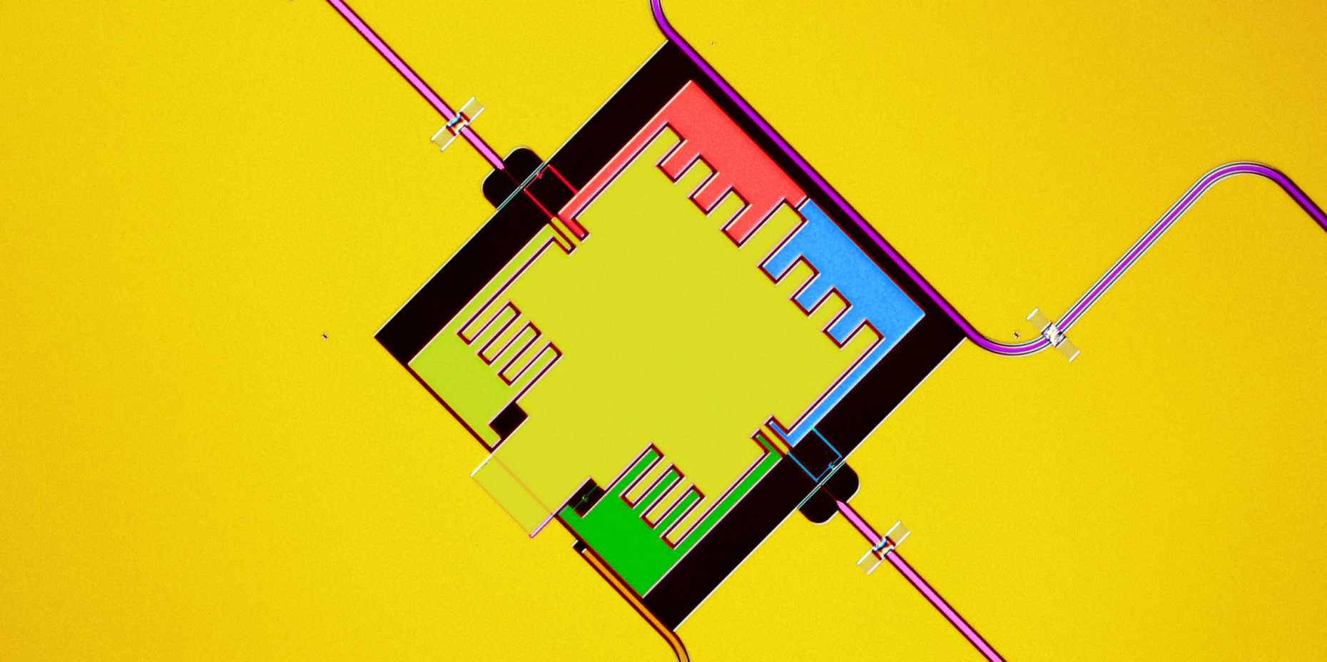 Enlarged view: Image of a three-qubit circuit built for simulating light-harvesting models. Three qubits (in red, blue and green) harvest microwave radiation from the purple waveguide. With the help of specifically engineered classical noise, applied through pink flux-lines, the qubits channel the harvested energy to the output resonator shown in orange. (Picture: ETH Zurich, Quantum Device Lab, A. Potočnik)