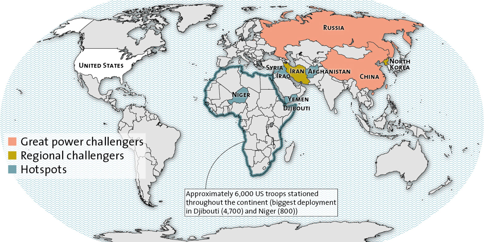 Enlarged view: The return of Geopolitics from a US perspective. Russia and China are the great power challengers. Iran is a regional challenger.The hot spots are Africa and the Middle East. (Image: CSS)
