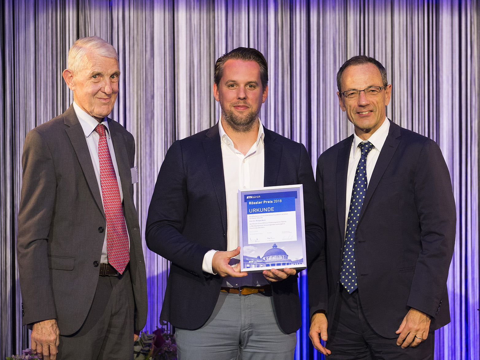 Max Rössler, this year's prize winner Philippe Block and ETH President Lino Guzzella. (Photograph: Nicola Pitaro / ETH Zurich)