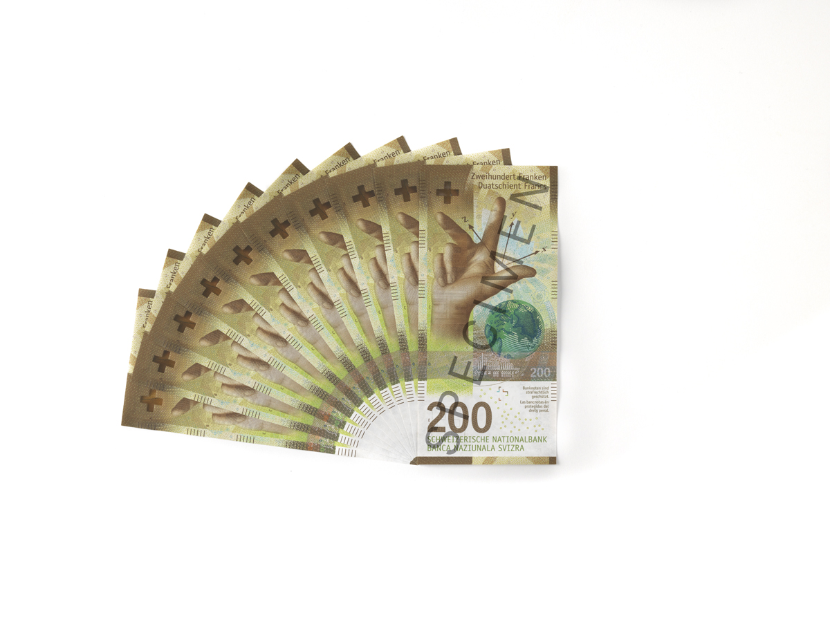 Enlarged view: A fan of 200-franc notes (front view). (Pictures: SNB)