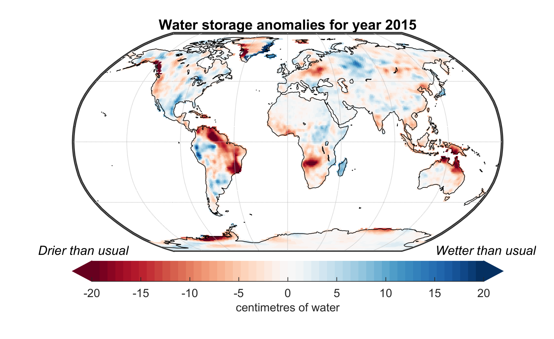 The map shows anomalies in water storage estimated from perturbations of the Earth’s gravity field.