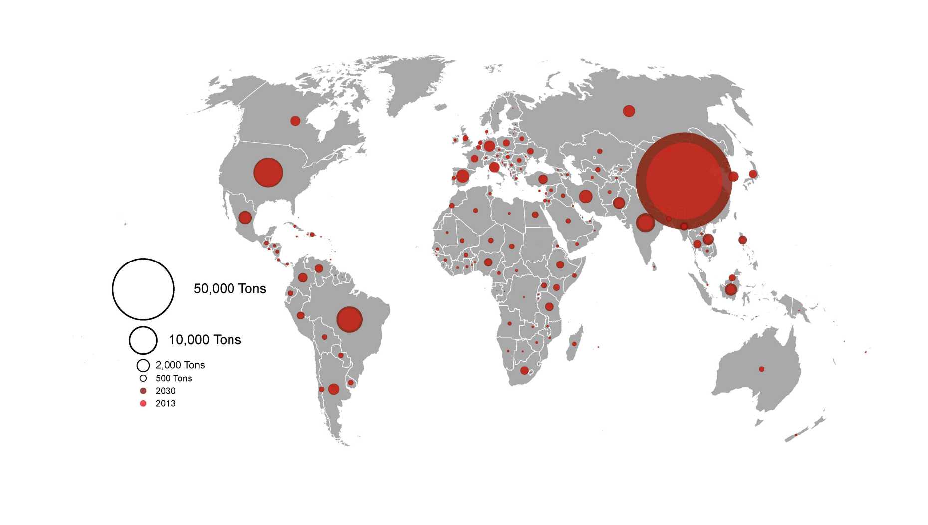 Enlarged view: Antibiotic consumption for livestock production by country in 2013 (light red) and projected for 2030 (dark red). (from Van Boeckel et al., Science 357, 1350 (2017))