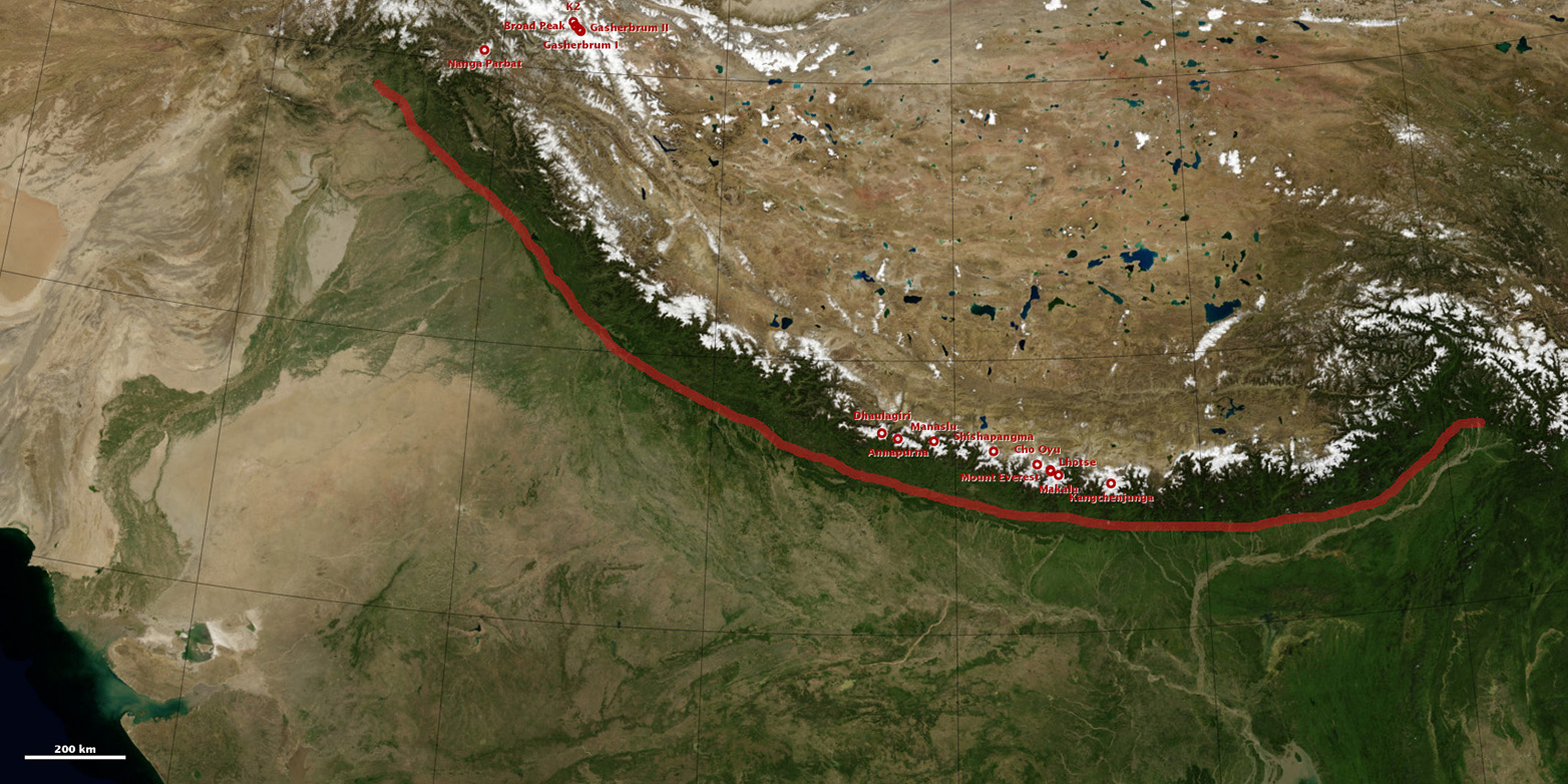 Enlarged view: Where plates collide: The m ain frontal thrust (red line) &nbsp;extends over the entire length of the Himalayas . (Image: Nasa Earth Observatory)