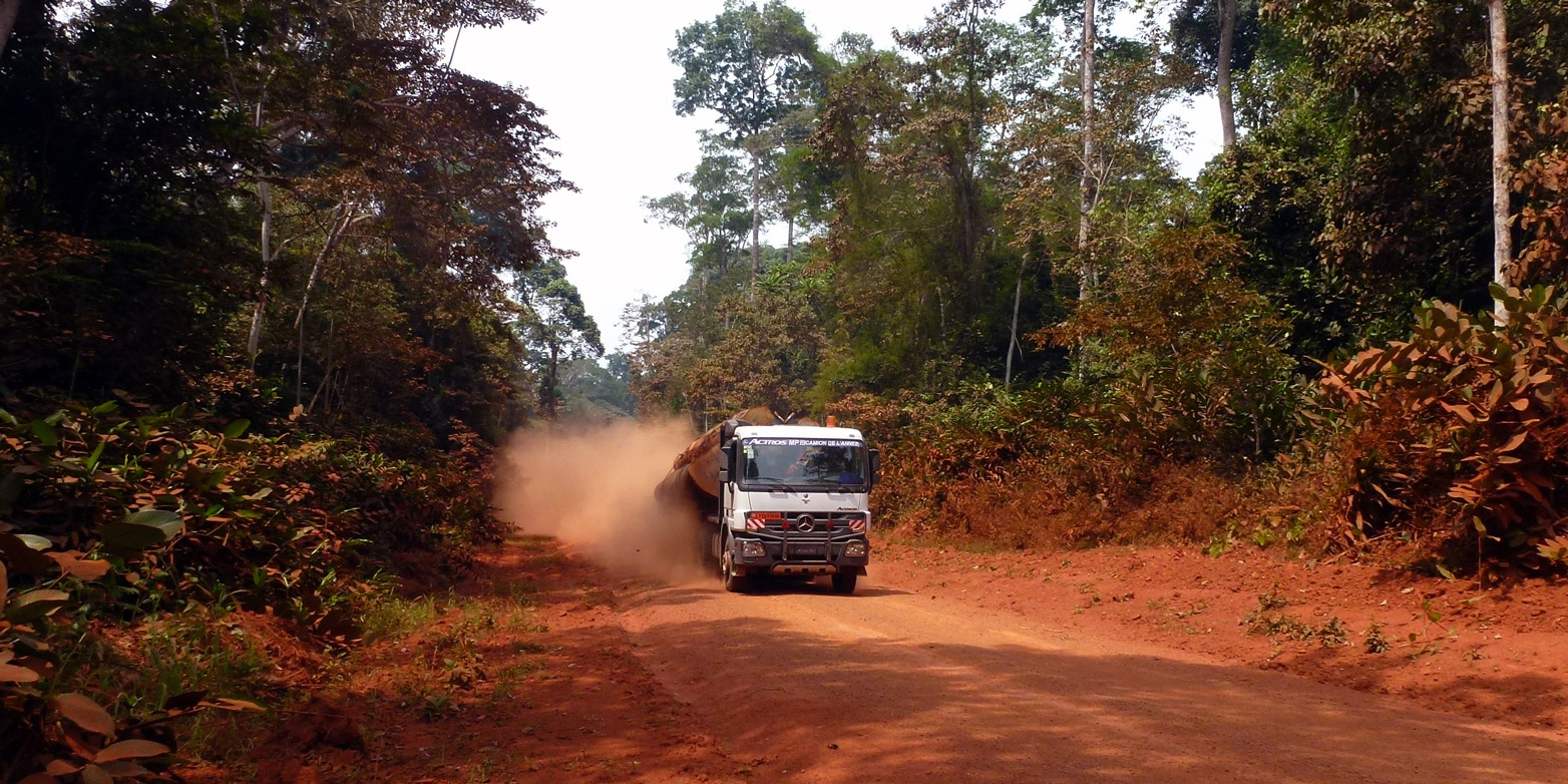 Logging truck on a temporary forest road, Republic of Congo, 2017.