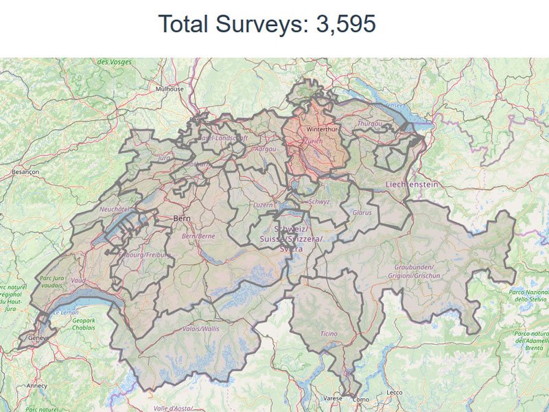 ETH researchers are using a monitoring system to find out how coronavirus is spreading throughout Switzerland. So far, more than 3,500 respondents have taken part. (Visualisation: BMI /ETH Zürich)