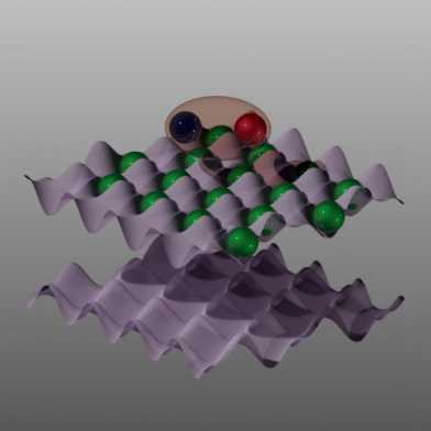 Electrons (green) in a slice of the twisted sandwich material