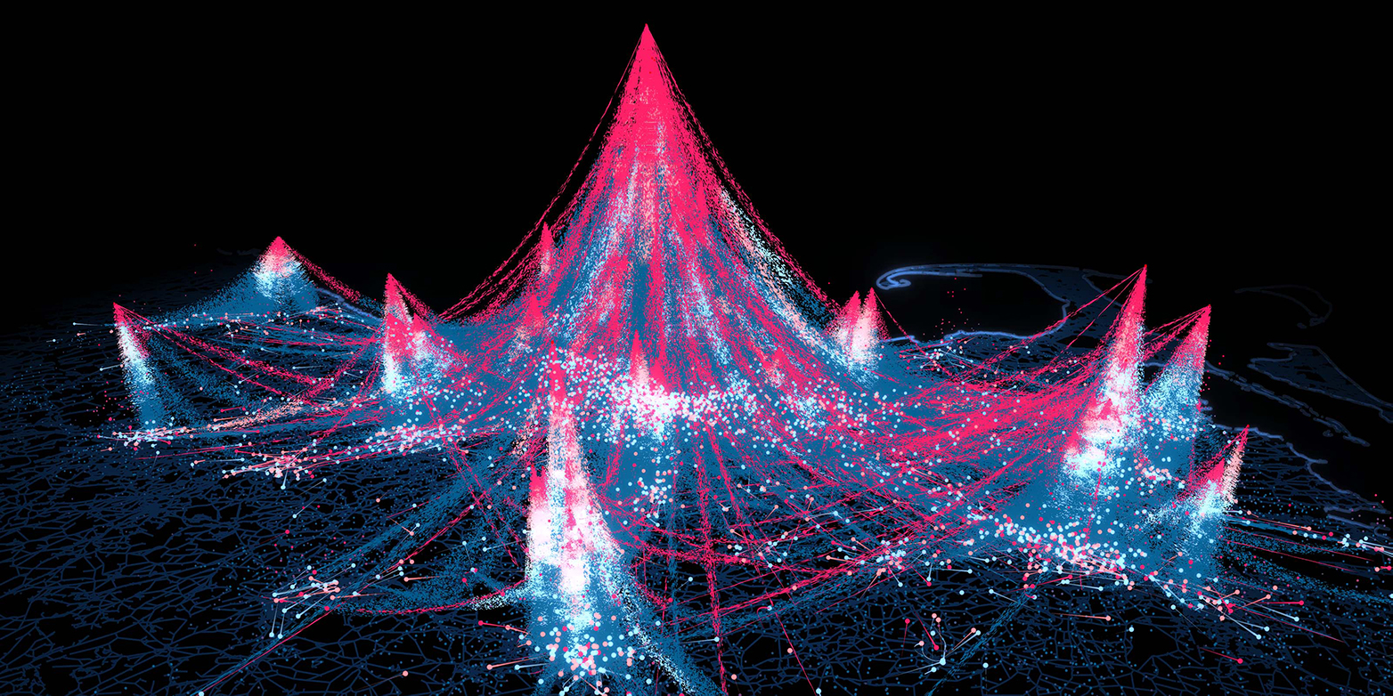 Visualization of the flows of individuals with red and blue lines