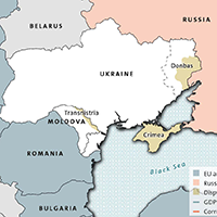 Map of Ukraine with surrounding countries and Russia