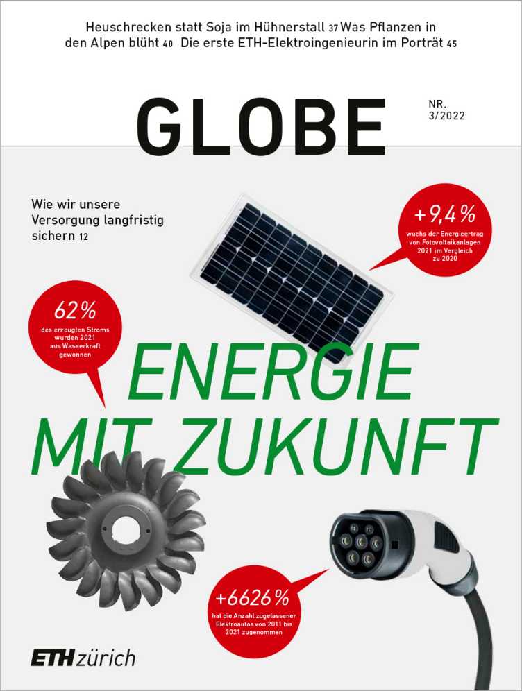 Globe 22/03 Titelblatt: solar cell, water turbine, charging cable for electric car