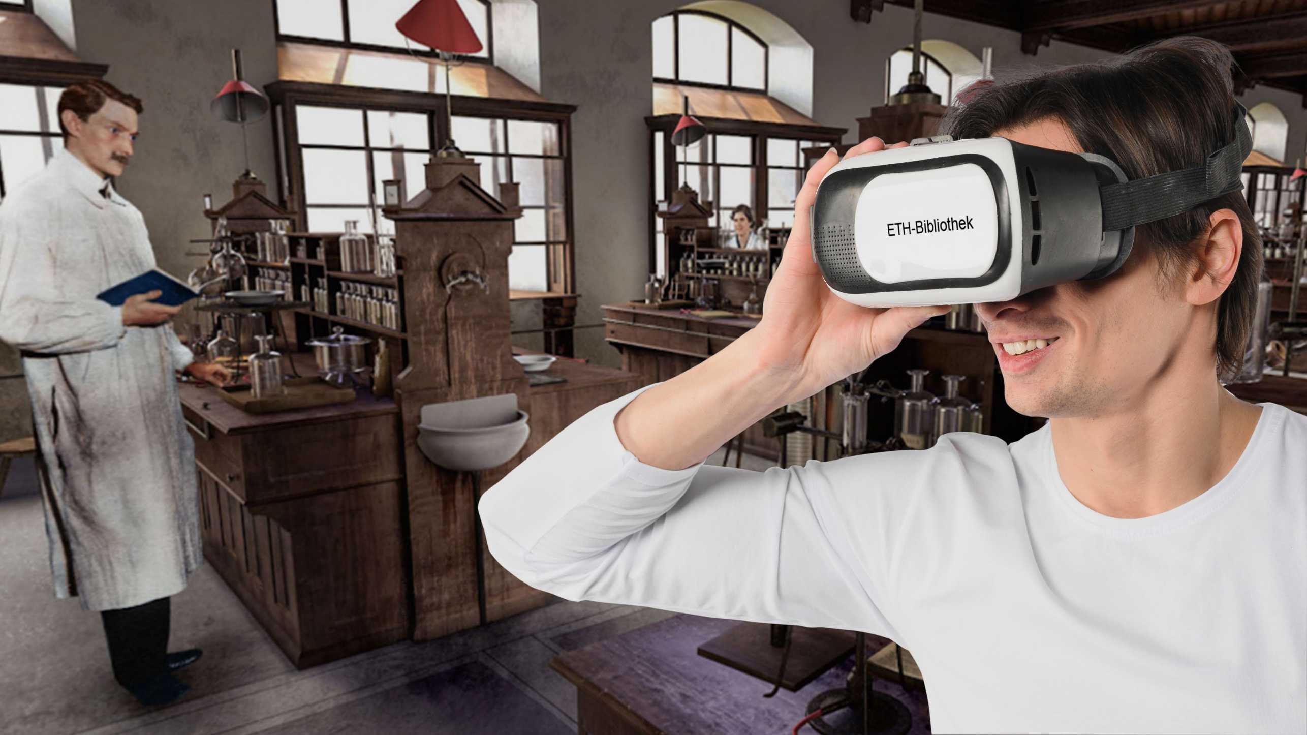 A man with brown hair looks through VR glasses. In the background you can see a historical laboratory with wooden fittings and test tubes.