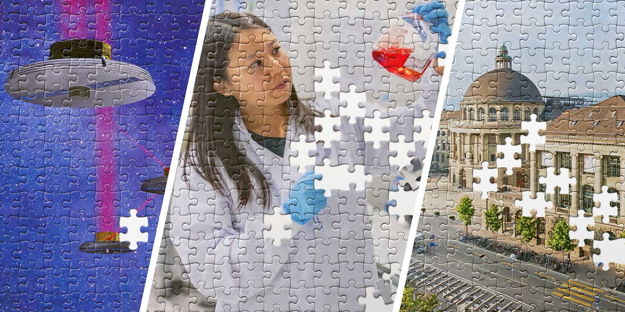 Puzzle of three images: Drones in the air, a woman in the lab and the ETH main building. Some puzzle pieces are missing.