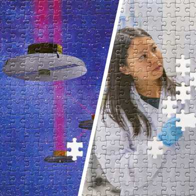 Puzzle of three images: Drones in the air, a woman in the lab and the ETH main building. Some puzzle pieces are missing.
