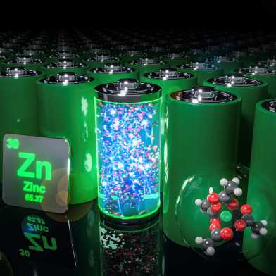 In the middle the zinc battery with optimized electrolyte liquid, all around many conventional batteries