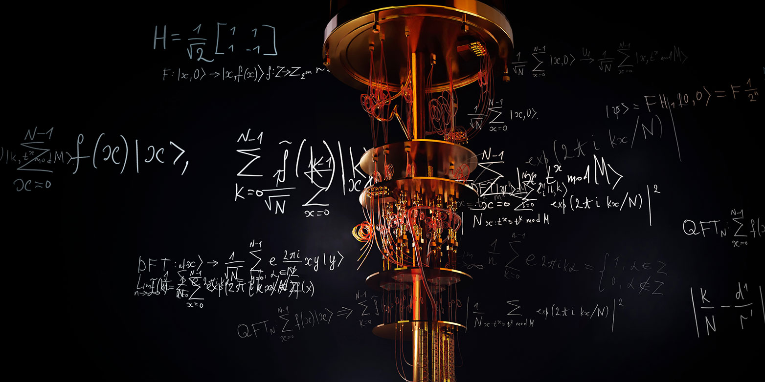 The photo shows a quantum computer surrounded by algorithms.