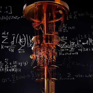 The photo shows a quantum computer surrounded by algorithmic equations