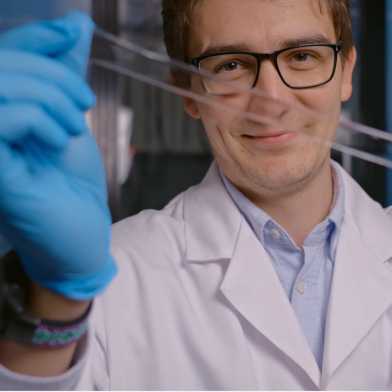 Alexandre Anthis with the hydrogel composite material of the sensor patch.