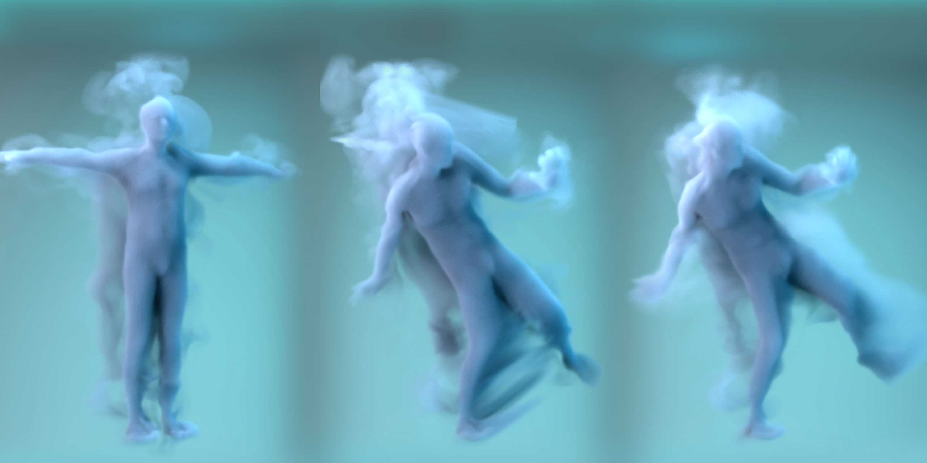 Three figures made of smoke dance side by side. 