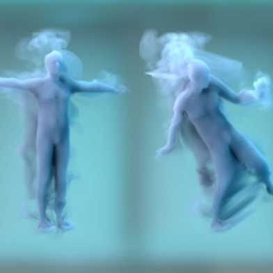 Three figures made of smoke dance side by side.