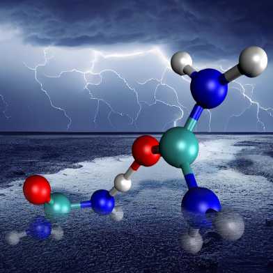 Visualization molecules in the foreground, in the background a thunderstorm