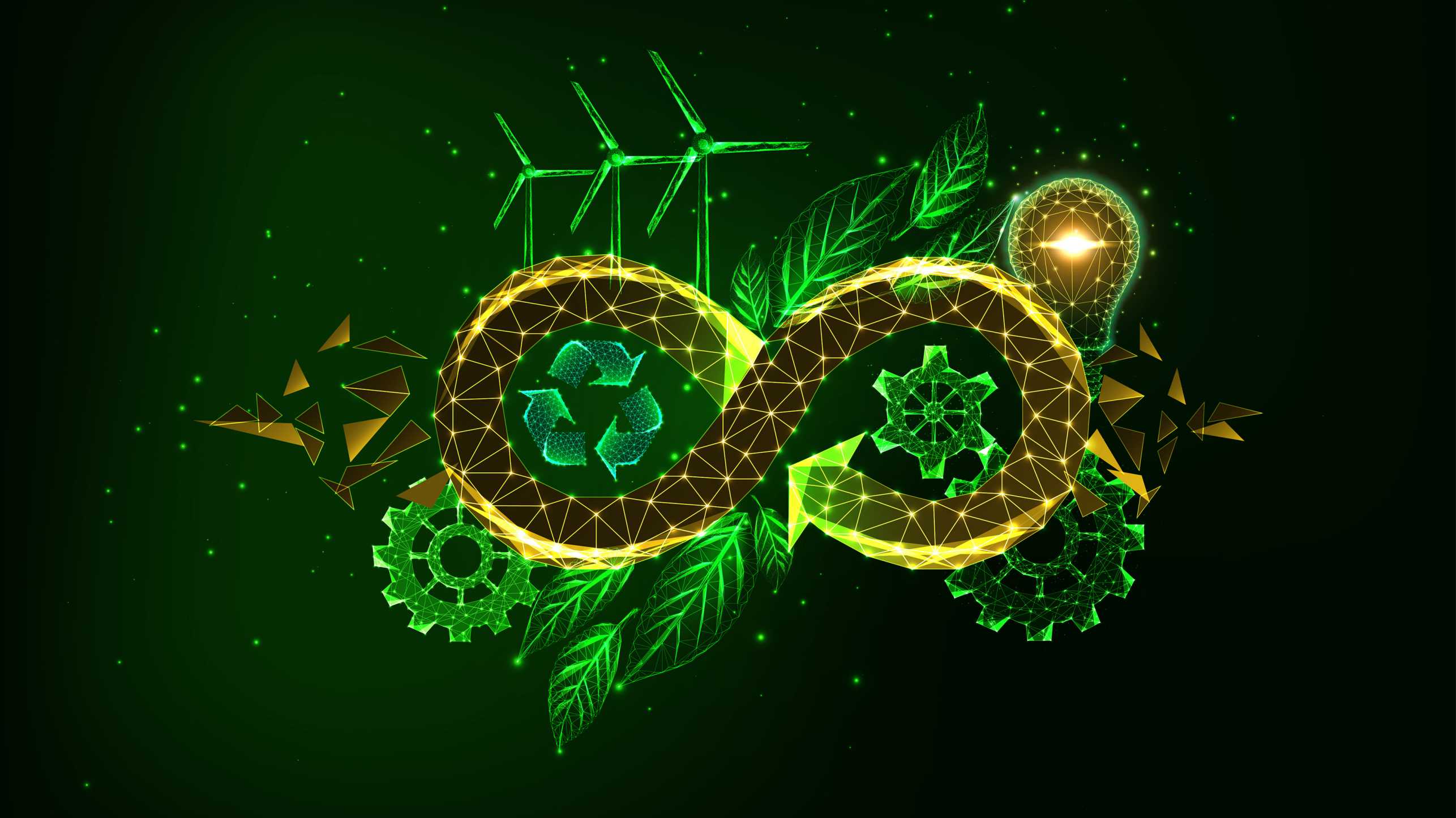 A yellowish glowing infinity sign surrounded with energy poles and green plants.