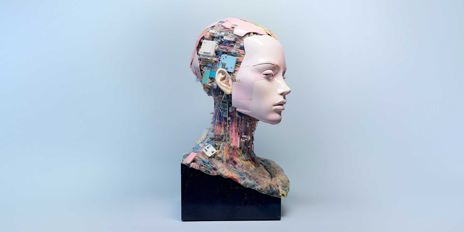 Sculpture of a woman's head in which computer chips can be seen.