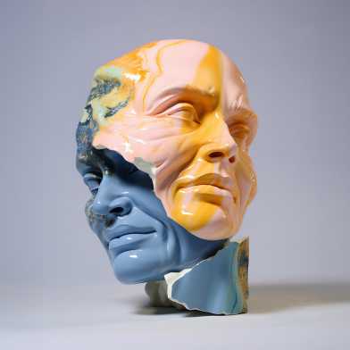 Sculpture in which two faces merge together.