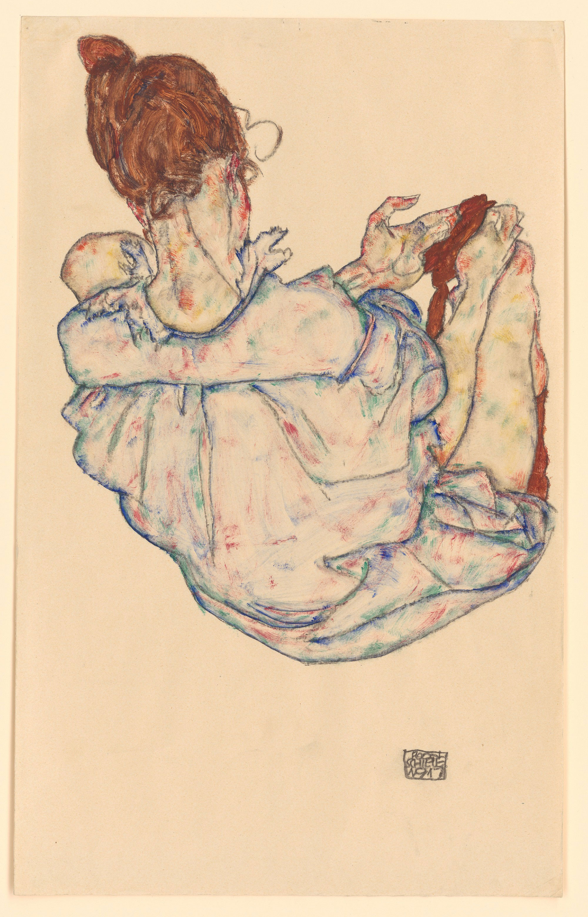 Enlarged view: A seated woman seen from behind. The shapes are slightly distorted, with vivid colors and lines. The mood is intimate and thoughtful.