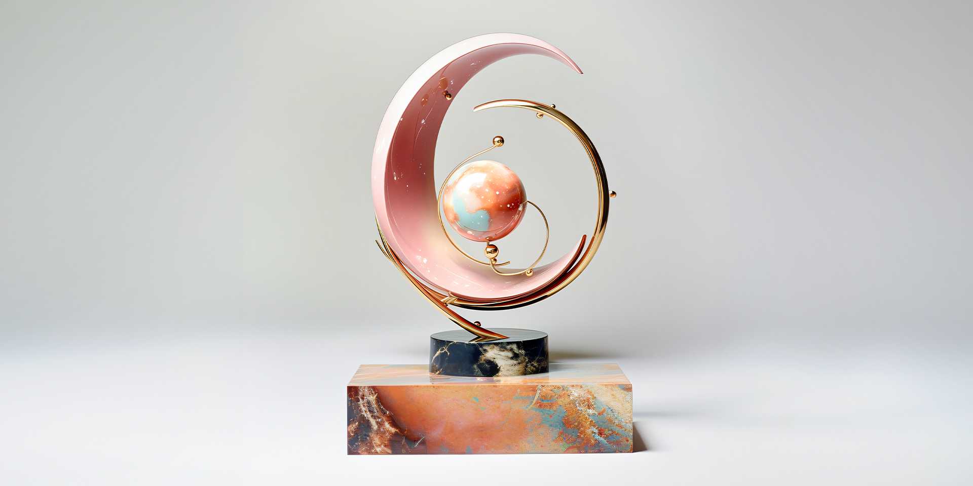 Sculpture standing on a marble base. Curvatures enclose a small globe standing in the center.