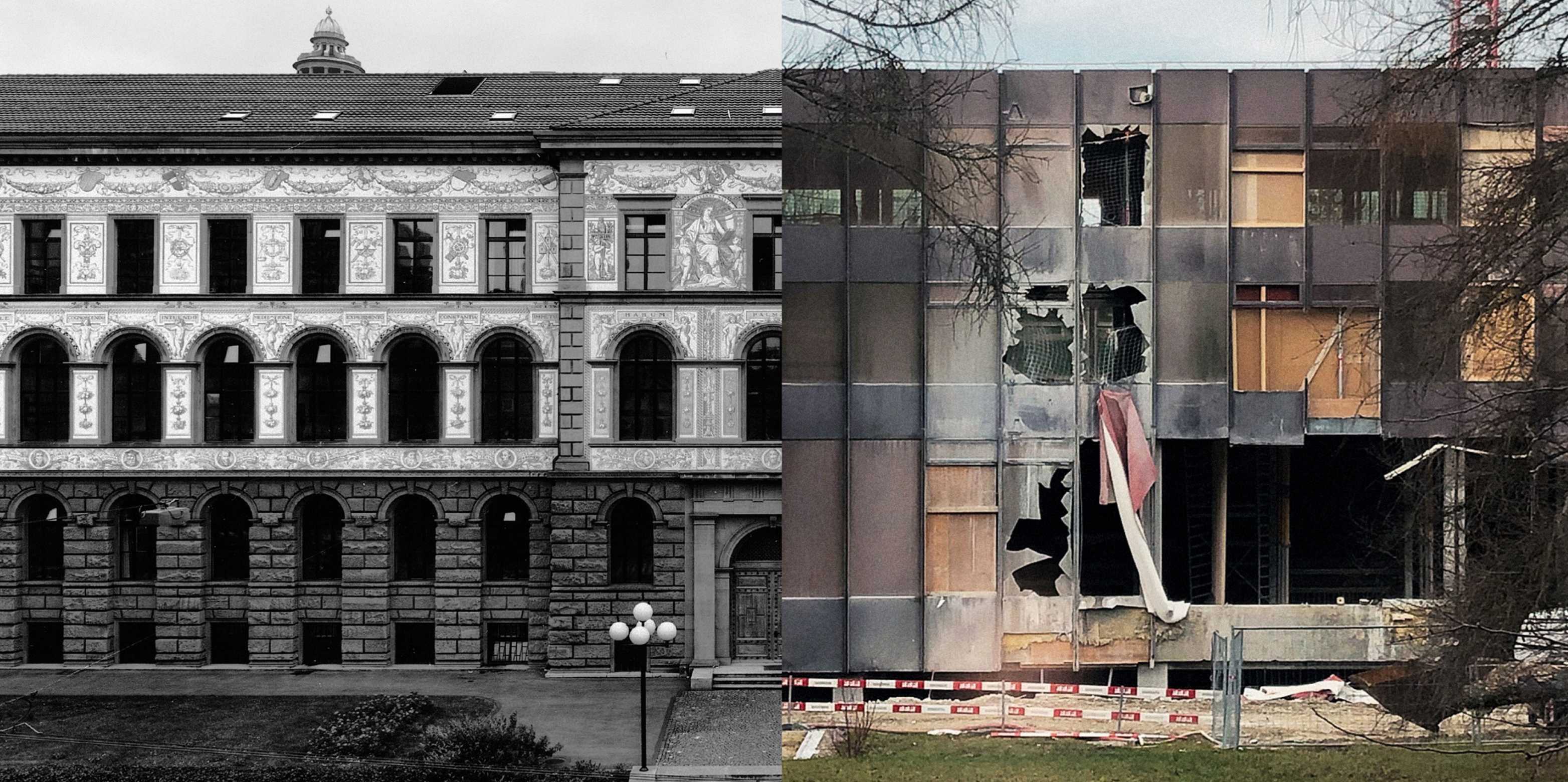 A black-and-white photograph of an old ETH building is juxtaposed with the facade of another ETH building that is currently being demolished.