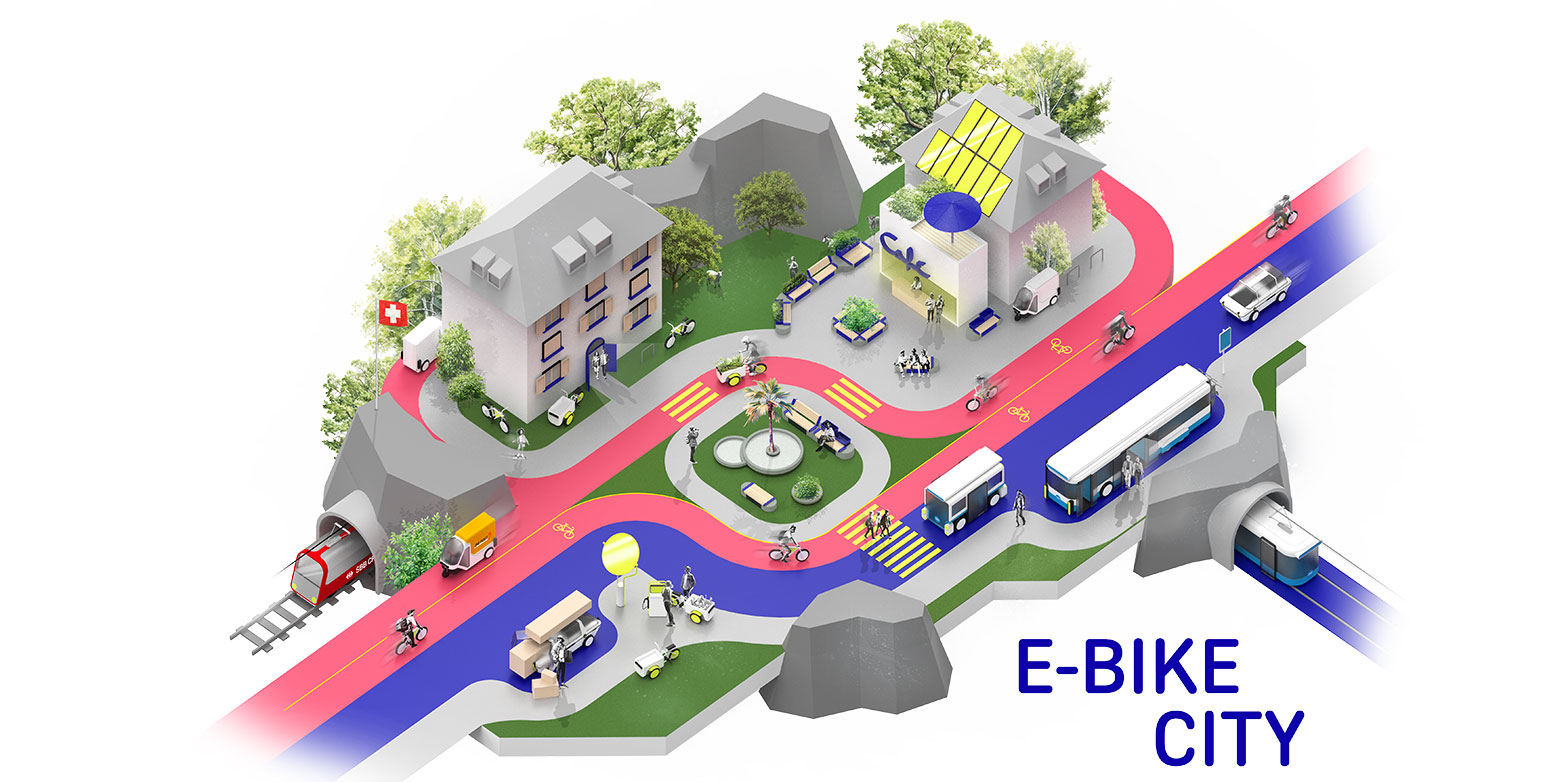 Enlarged view: The symbolic image of the E-Bike City shows a few houses and a blue one-way street for cars and public transport as well as a red double lane for bikes and e-bikes.