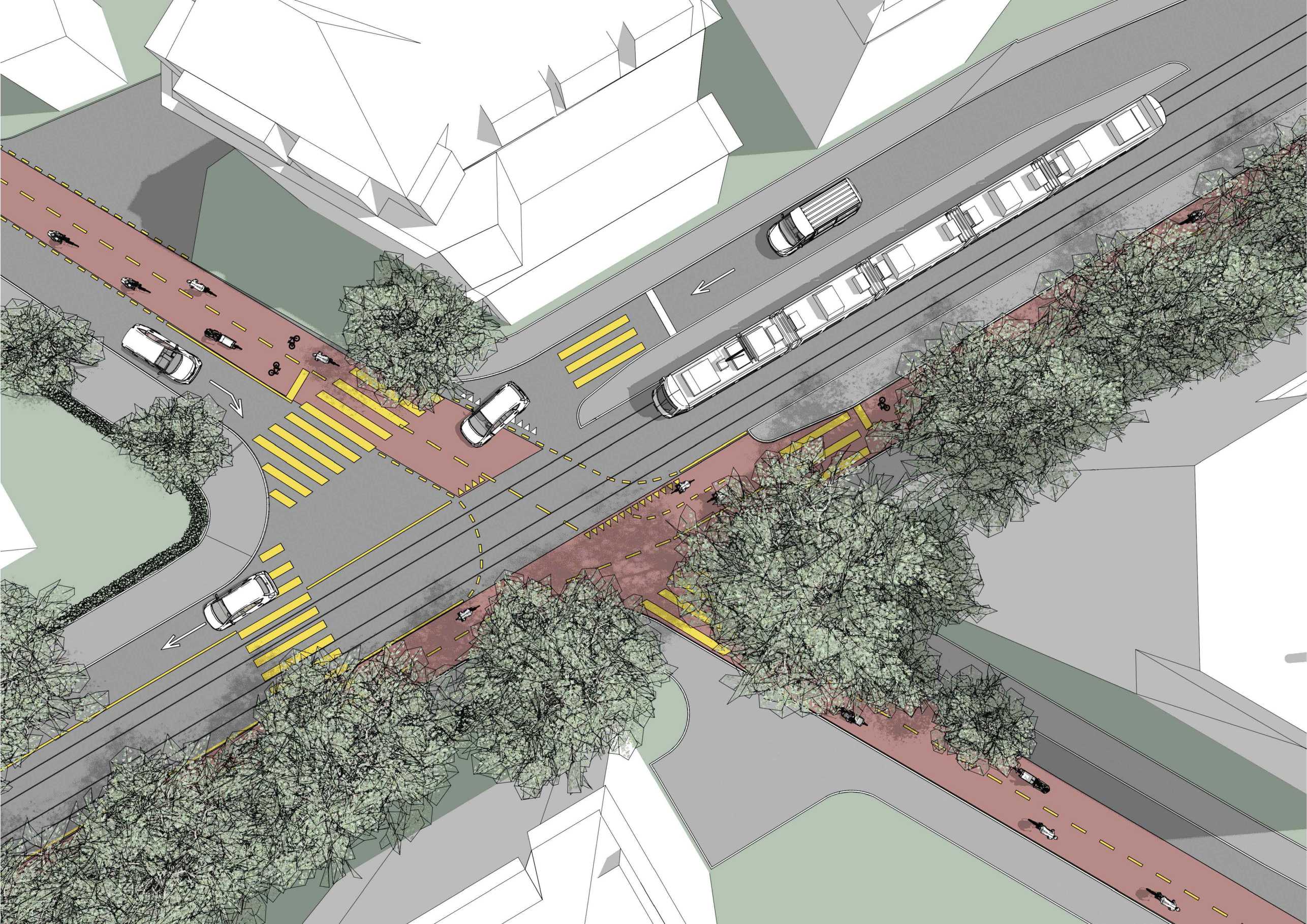 Enlarged view: Illustration of an optimised intersection for e-bikes from a bird's eye view.