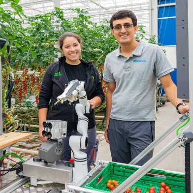 A woman and a man are standing behind the picking robot. They are standing in a tomato greenhouse. 