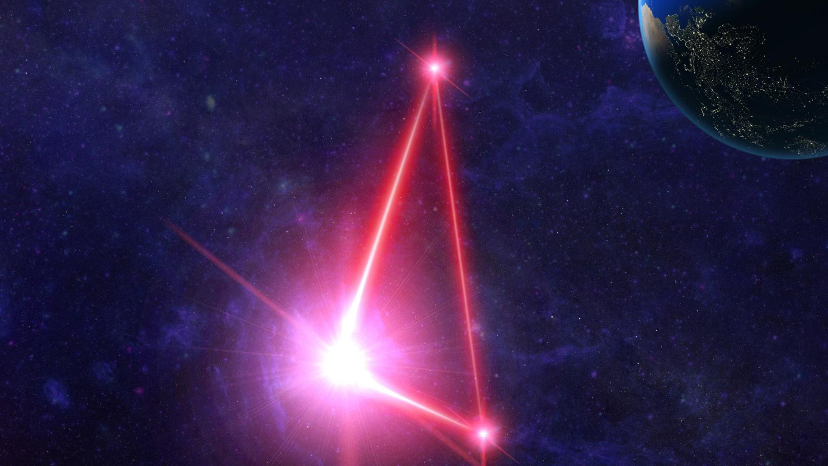 Red laser beams forming a triangle in space. The earth can be seen in the top right-hand corner.
