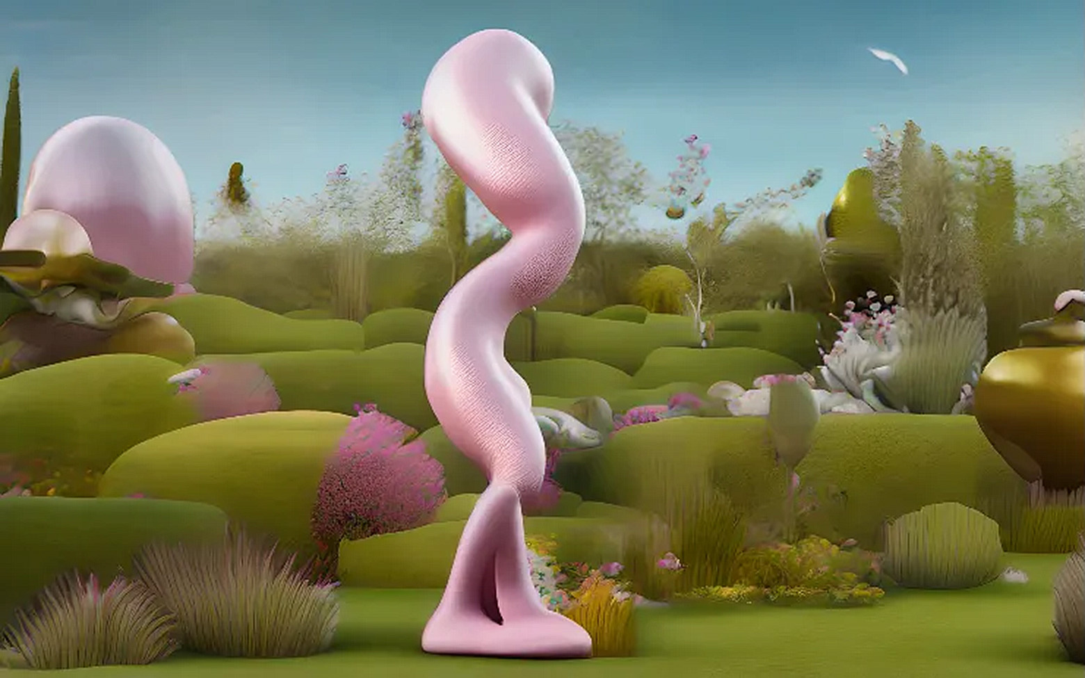 Enlarged view: Pink figure in a garden generated from AI