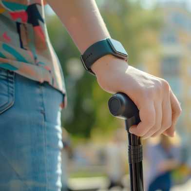 A person's hand is visible, wearing a smartwatch and holding a walking stick.