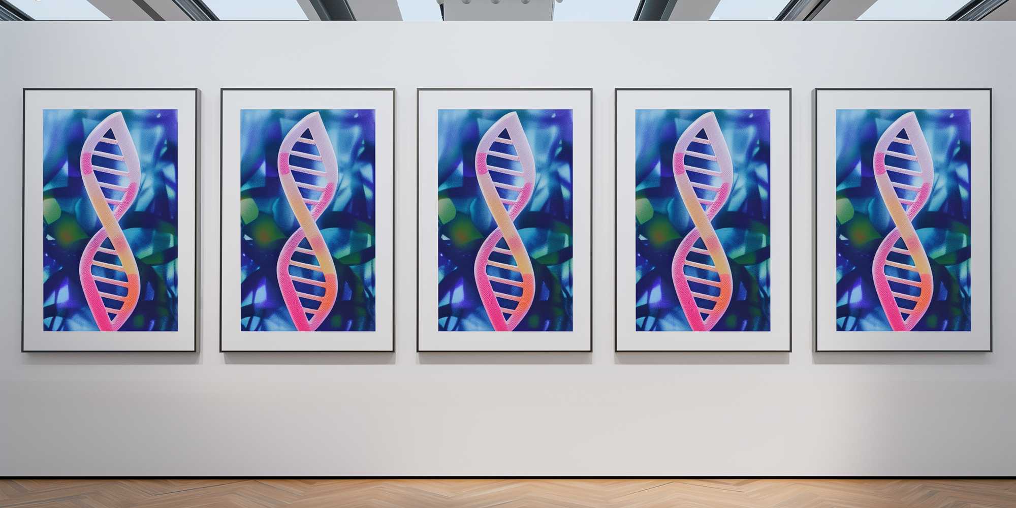 Five identical artworks showing a DNA double helix each.