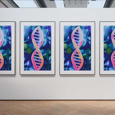 Four identical artworks showing a DNA double helix each.