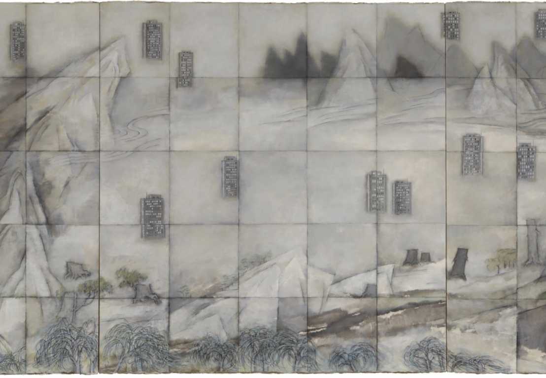 Enlarged view: Zhang Hongtu, SHAN SHUI, UNTITLED, 2013. Ink and oil on rice paper, mounted on panel, 48 1/2 x 135 1/2 in (123.2 x 344.2 cm)